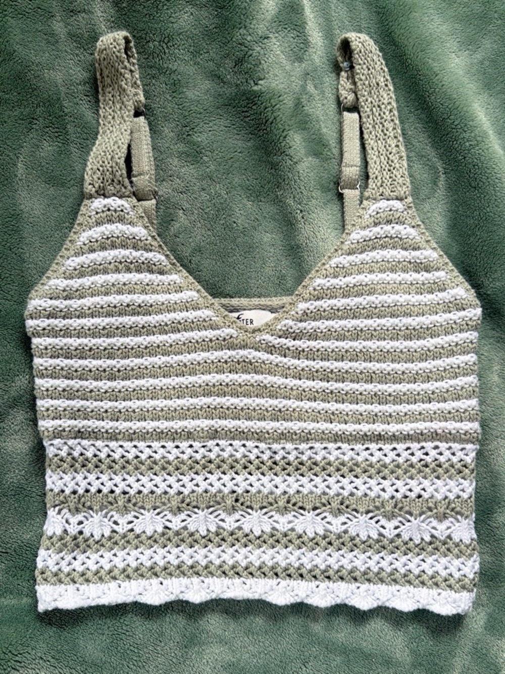 Hollister Sage Green and White Crochet Crop Tank